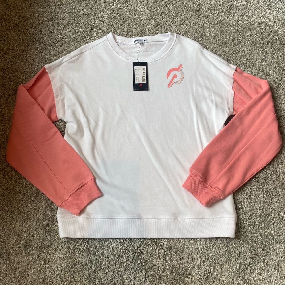 NWT Women’s Peloton Pink and White pullover sweatshirt